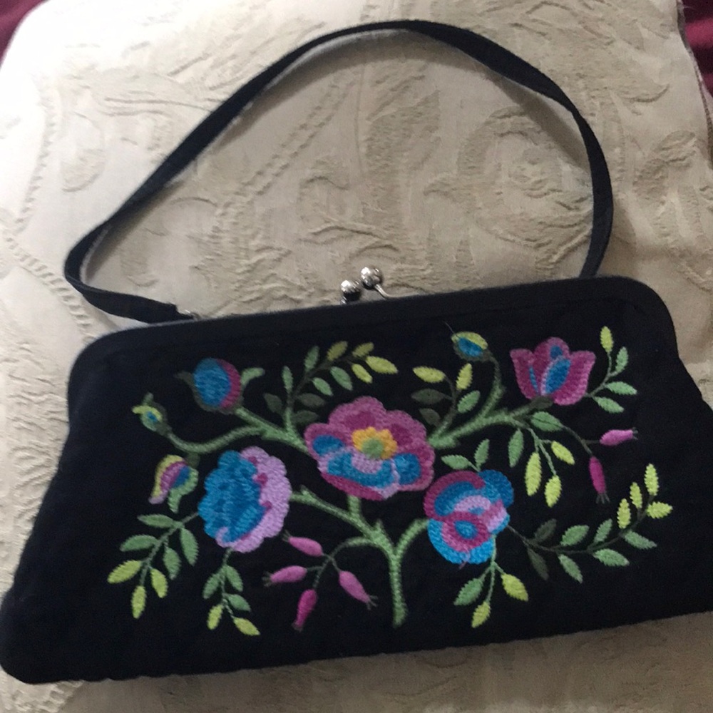 Vera Bradley embroidered multi colored floral design handbag or clutch on black